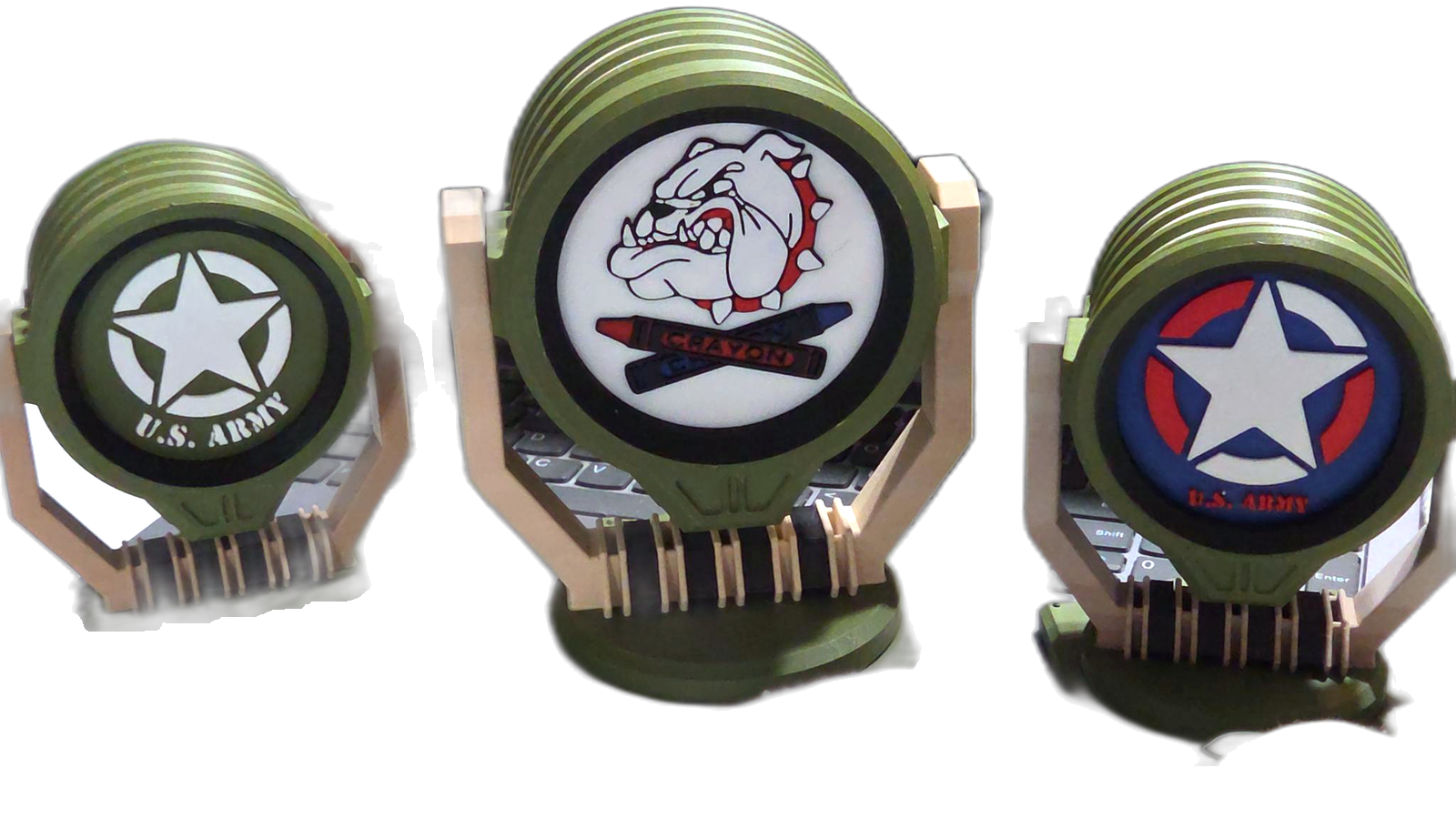 Set of three spotlight lamps, star and bulldog designs
