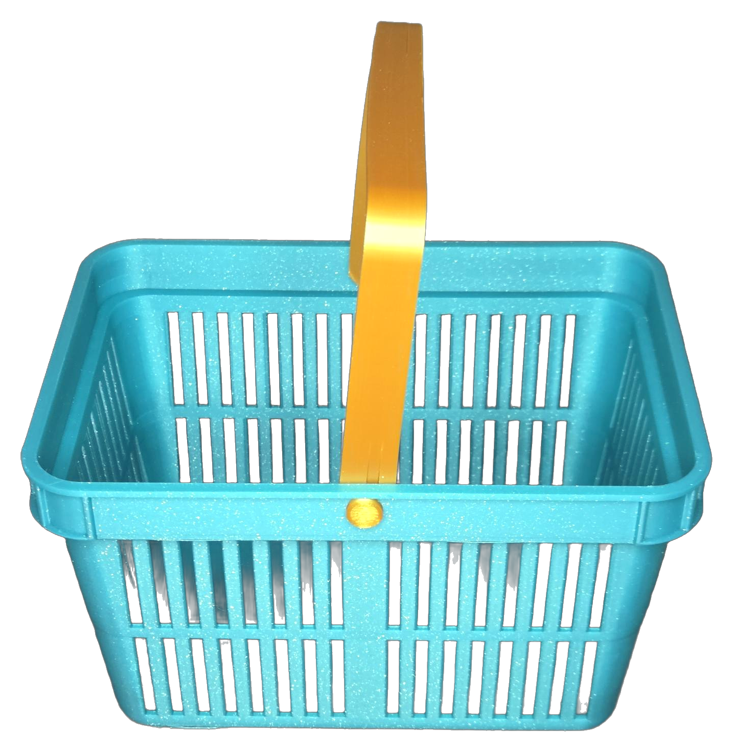 Mini shopping basket print, teal with gold handle